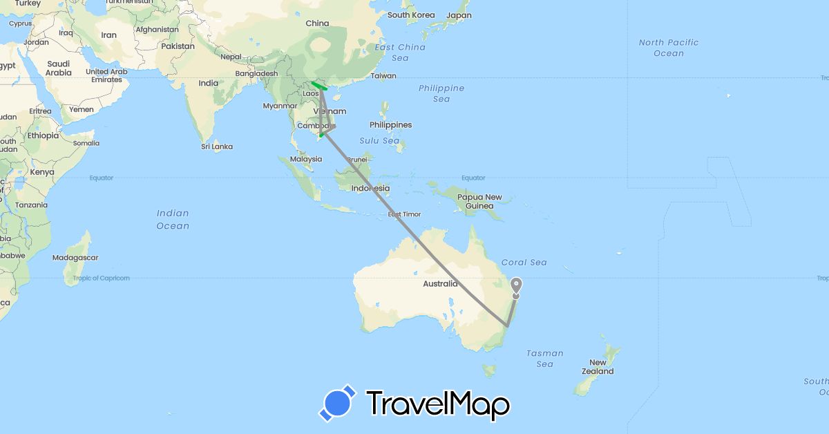 TravelMap itinerary: driving, bus, plane in Australia, Vietnam (Asia, Oceania)